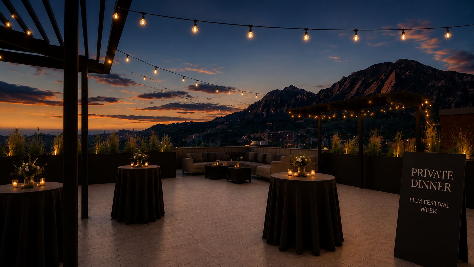 Golden hour on the rooftop, string lights overhead, lounge furniture and cocktail tables set, signage reading Private Dinner, Film Festival Week.