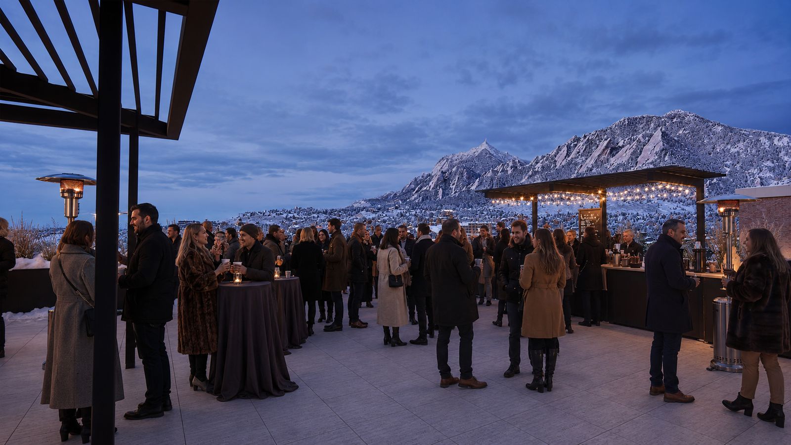 Blue hour on the rooftop, guests in winter coats gathered at the bar and cocktail tables with patio heaters lit.