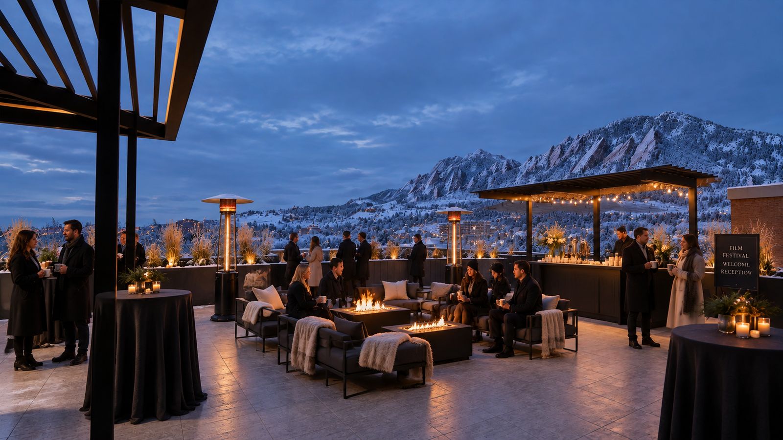 Dusk on the rooftop, a lit fire table and two patio heaters glowing, string lights over the bar and snow on the Flatirons beyond.