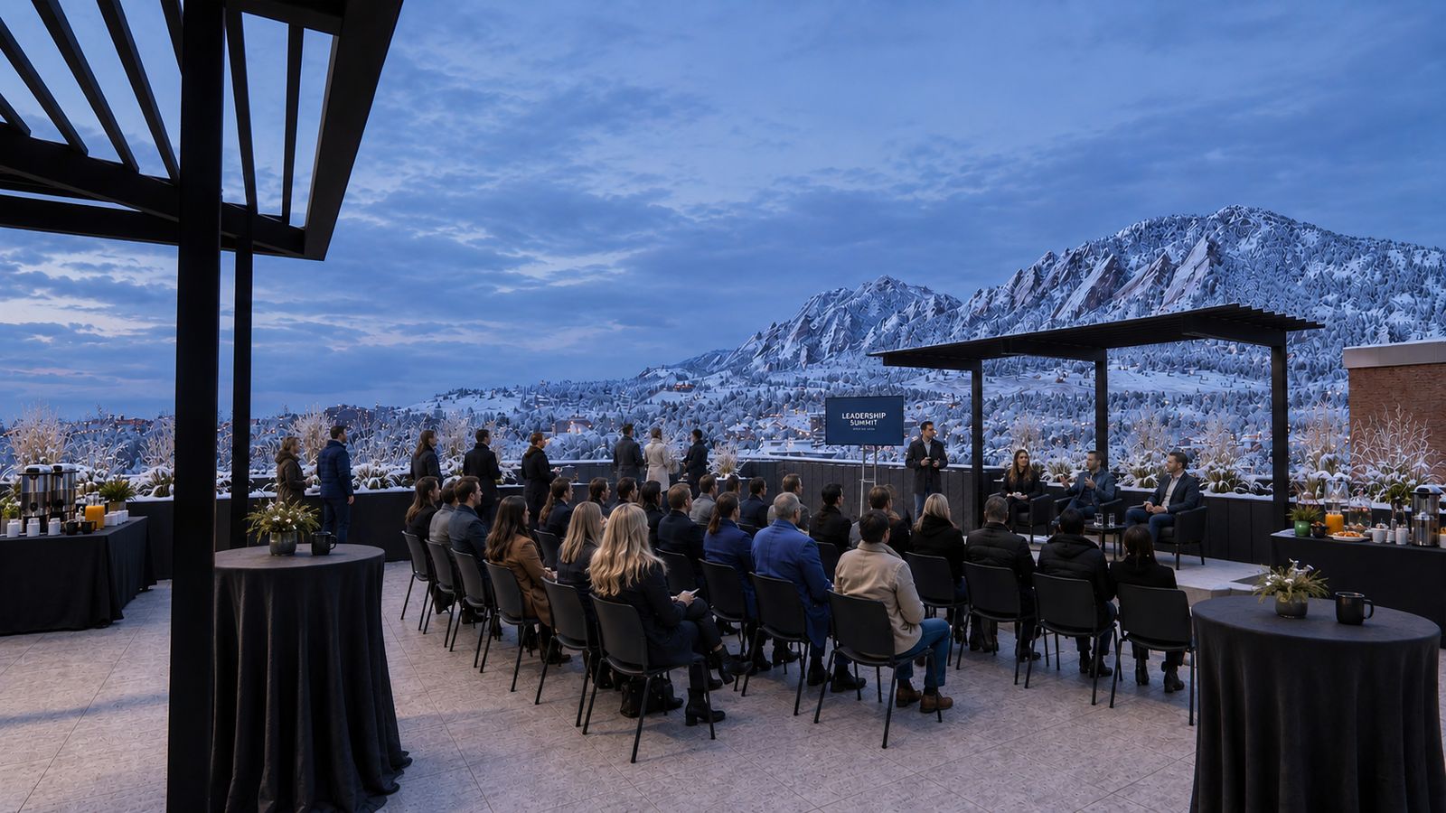 Snow on the rooftop, rows of seats facing a lit screen under the pergola.