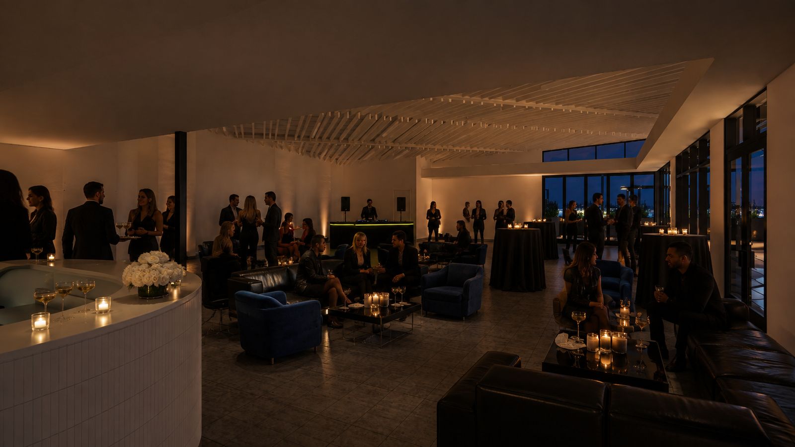 The indoor lounge after dark, curved bar lit from below, Boulder city lights through the glass.