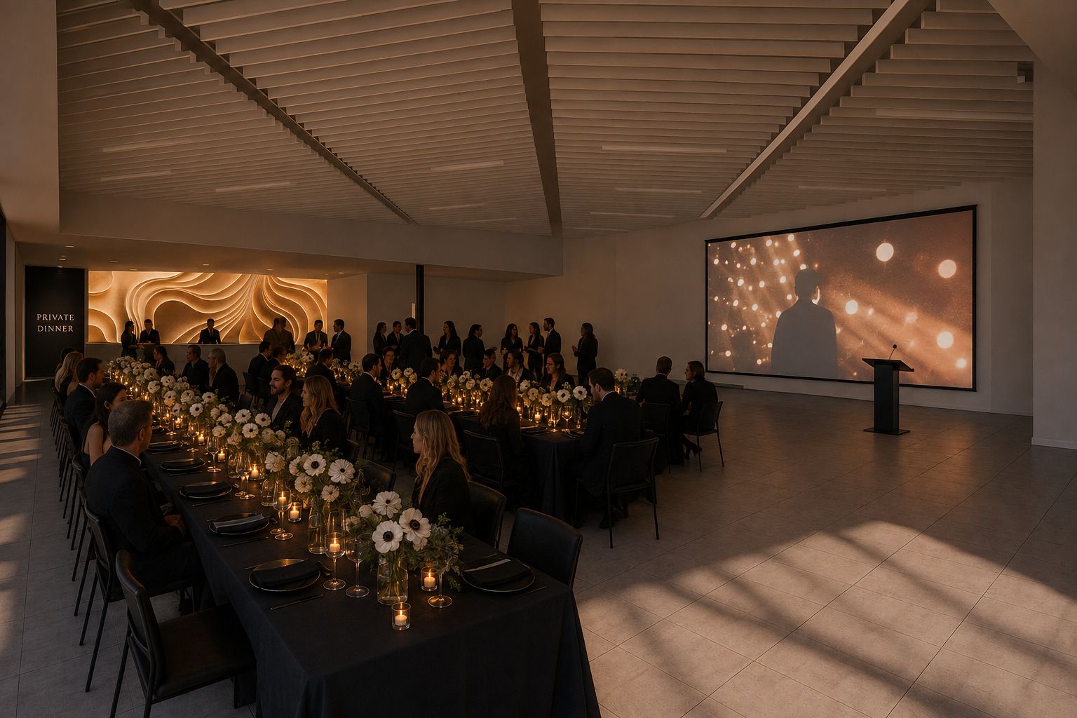 A private dinner on one long table, the screen lit at the head of the room, Private Dinner signage alongside.