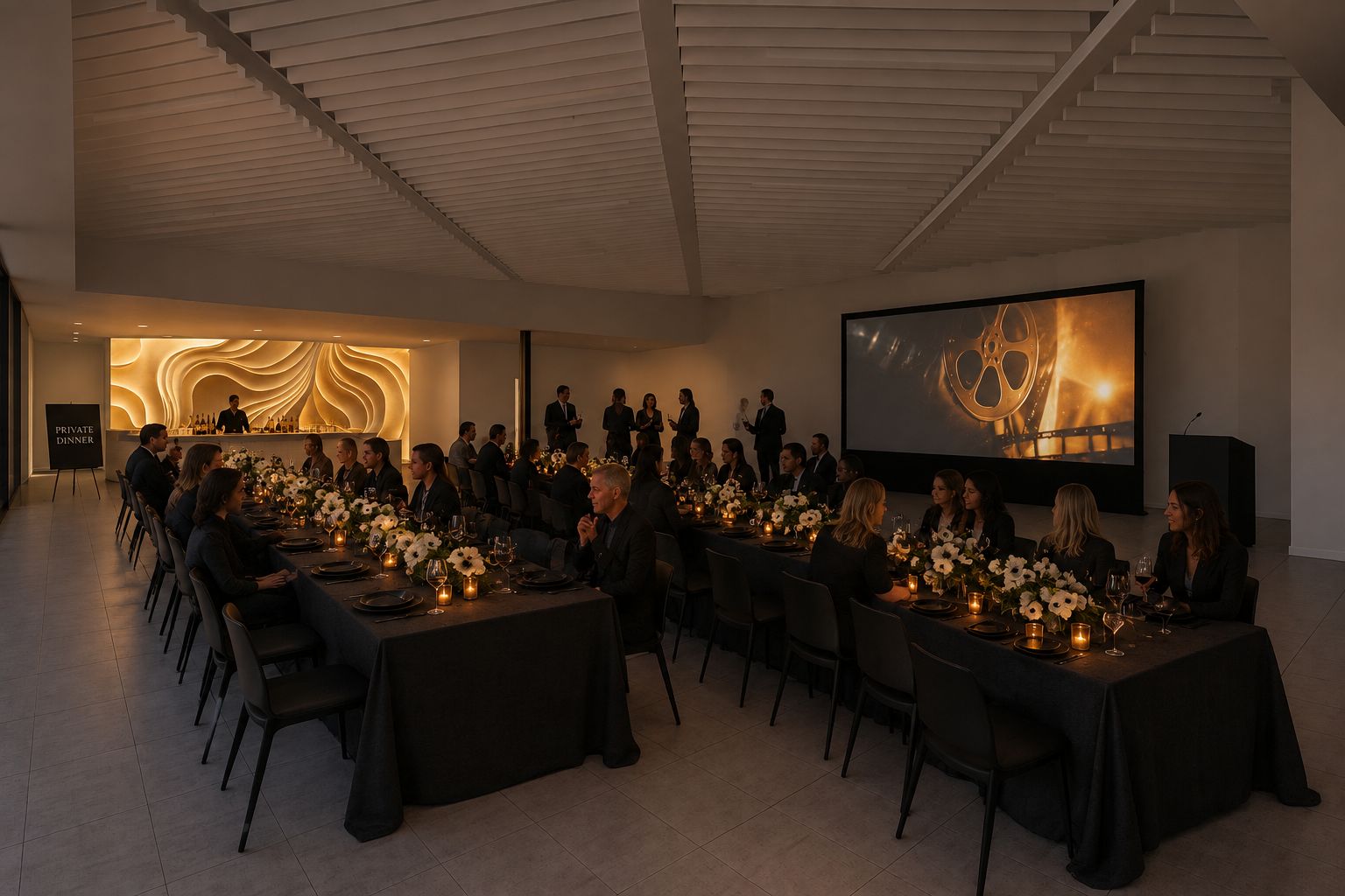 The same private dinner seen from the side, film reel imagery on the lit screen.